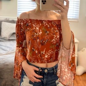 Iris Floral Off the Shoulder Bell Sleeve Crop Top